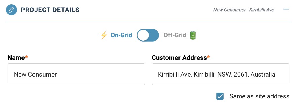 Project Details in Photonik with On-Grid selected, customer name, and site address fields.