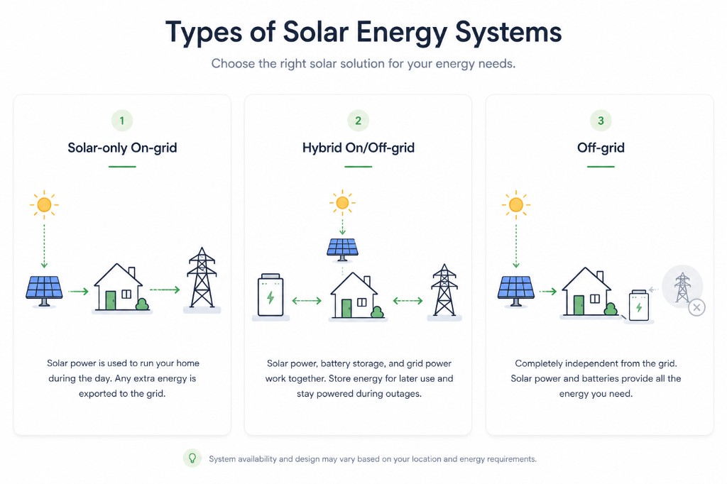Three solar system types: solar-only on-grid uses panels and the grid with no battery; hybrid combines solar, battery, and grid; off-grid is independent with solar and battery only.
