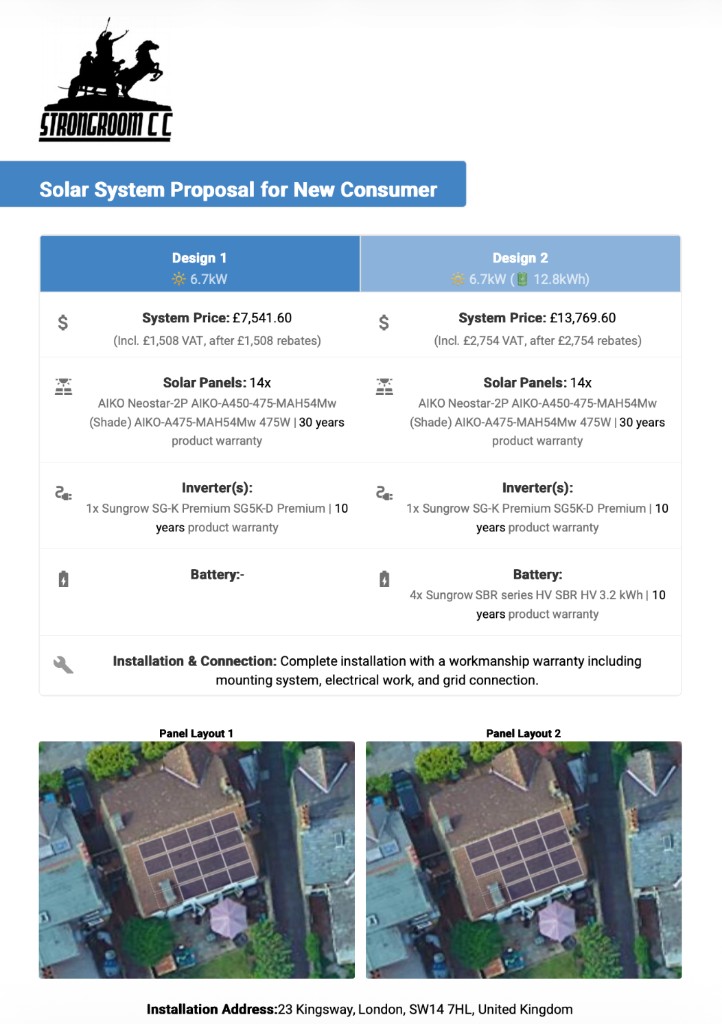 Example proposal summary page comparing two designs: system price, equipment list, panel layout on the roof, and installation address.