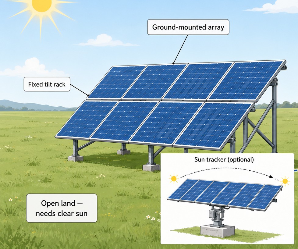 Ground-mounted solar array on a fixed tilt rack in open land, with an inset showing an optional sun tracker.