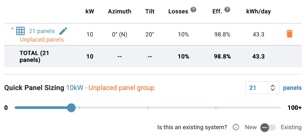 Quick Panel Sizing in Photonik with panel count slider, kW readout, and New versus Existing system toggle.