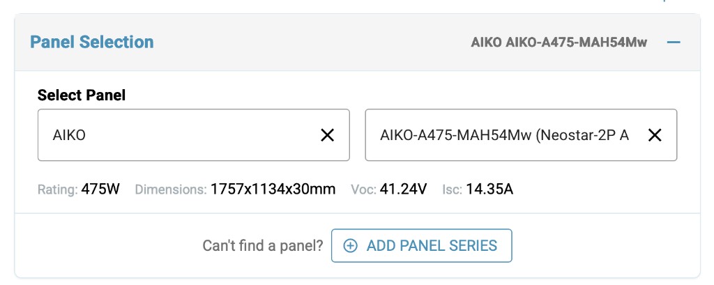 Panel Selection in Photonik with manufacturer and model pickers and module ratings.