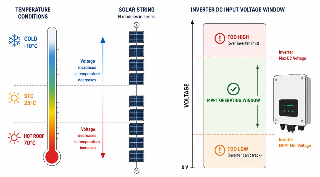 Infographic: cold weather raises string Voc toward the inverter maximum DC limit; hot cell temperatures lower Vmp toward the MPPT minimum; panels in series add voltage.