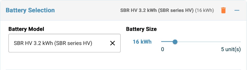 Battery Selection in Photonik with battery model picker and size slider in kWh.