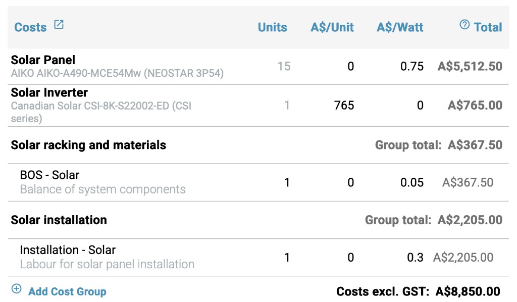 Costs table in Photonik with panel, inverter, racking, and installation line items using per-unit and per-watt columns, and a costs excl. tax total.
