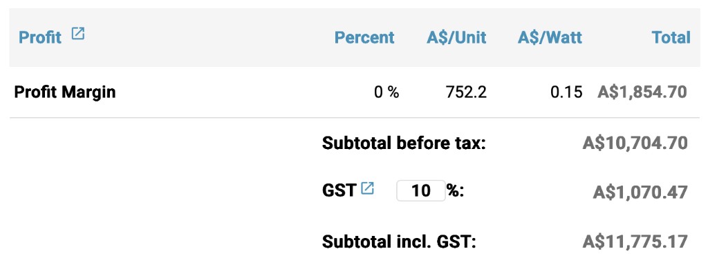 Profit margin row with 0% percent, a flat per-job fee, and a per-watt rate, plus subtotal before tax, GST, and subtotal including tax.