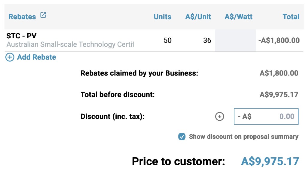 Rebates table with an STC entry, discount field with round-down control, and final price to customer.