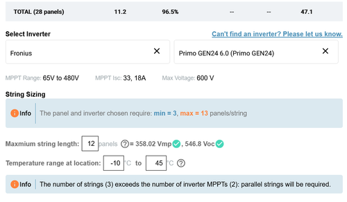 String voltage calculator showing solar panel configuration