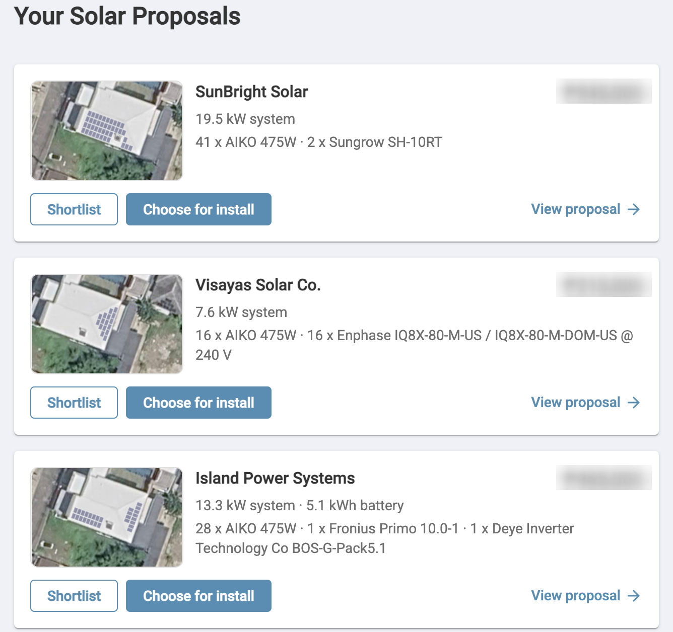 Photonik showing several installer proposals, each with a roof layout, system size and equipment