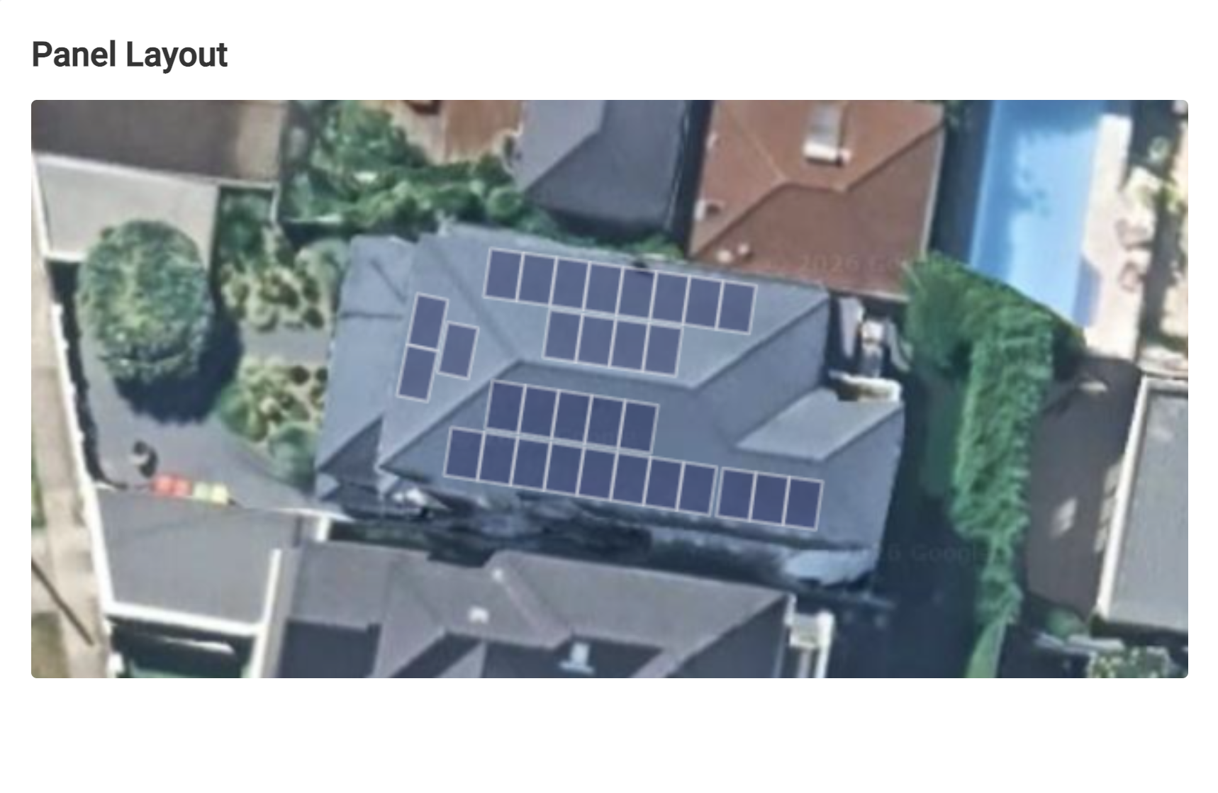 Solar panel layout on a real roof with satellite imagery